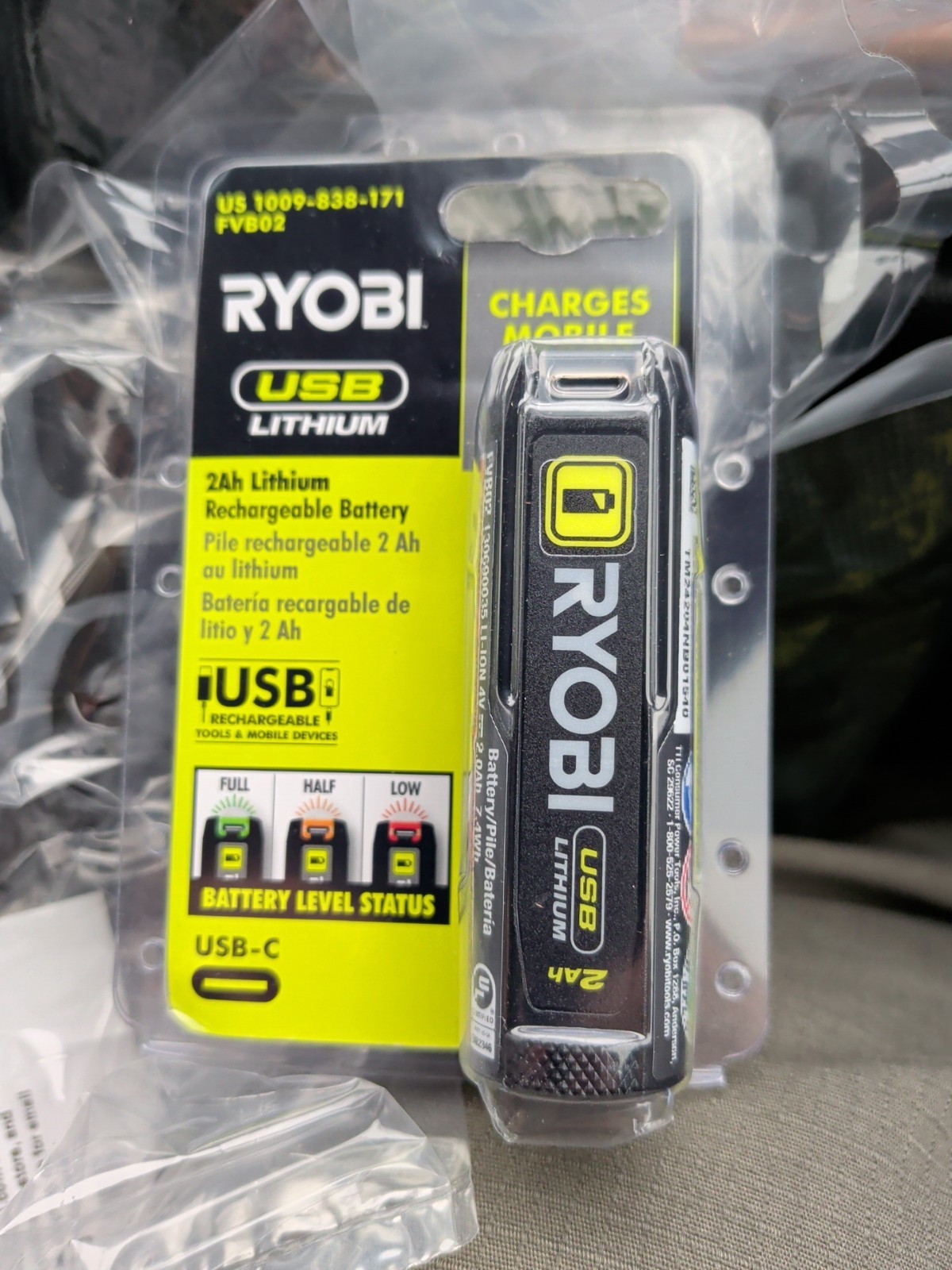 Ryobi USB 2 Ah Lithium Rechargeable Battery Pack FVB02 Ma-20