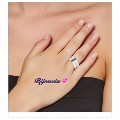 Bague Large Céramique Noire – T54 – Croix En Zirconium – Argent Massif 925/1000
