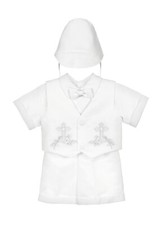 BABY BOYS WHITE CHRISTENING BAPTISM SUIT SET SHORT SLEEVE BOW TIE HAT - BCG