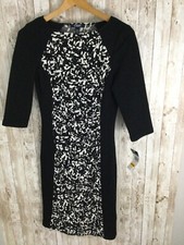 NEW Chaps Black White 3/4 Sleeve Paneled Stretch Dress Size 4 small Easy Care