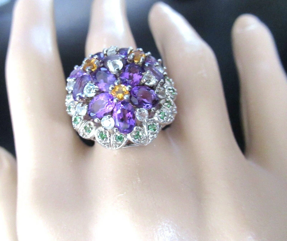 ENORME Anillo Cúpula Topacio Citrino Amatista Genuina Plata de Ley Talla 9 Foto 2 de 4