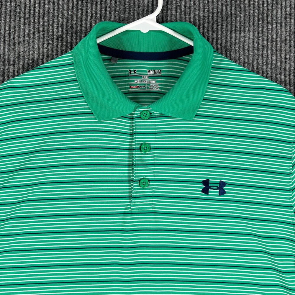 Under Armour Polo Shirt Mens Medium Green Striped Short Sleeve Heat Gear Loose