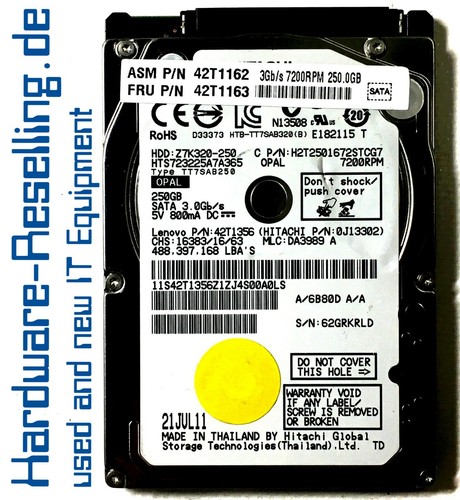 Lenovo Hitachi 250GB HDD 2,5" 7,2K SATA HTS723225A7A365 OPAL 42T1356 42T1162