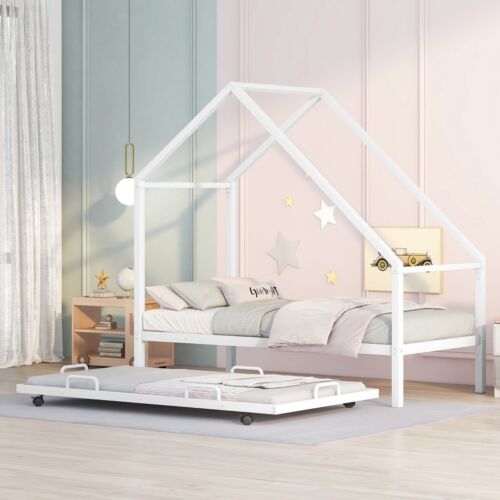 Twin Size White Metal House Bed with Trundle Fits Standard Mattresses