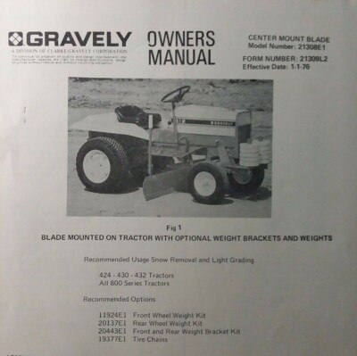 Gravely Garden Tractor Center Belly Blade Implement Owner Parts Manual  21308E1