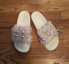 Pink Furry Pool Side Slippers With Pearls, Sz. 8