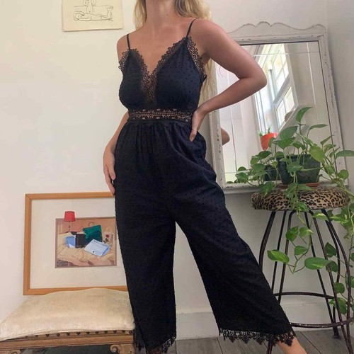 Zara Black Lace Trim Jumpsuit Size 