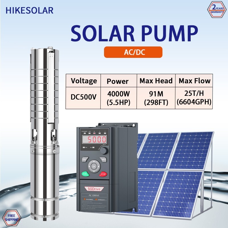 Hybrid Solar Water Pump 4" DC/AC 4000W 5.5HP Brushless MPPT 