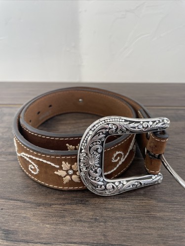 Nocona Sz S Brown Leather Belt w Embroidered Flowers & Crystals Silver Buckle