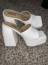 SQUARE PEEP TOE PLATFORM BLOCK HEEL MULE IN WHITE FAUX LEATHER