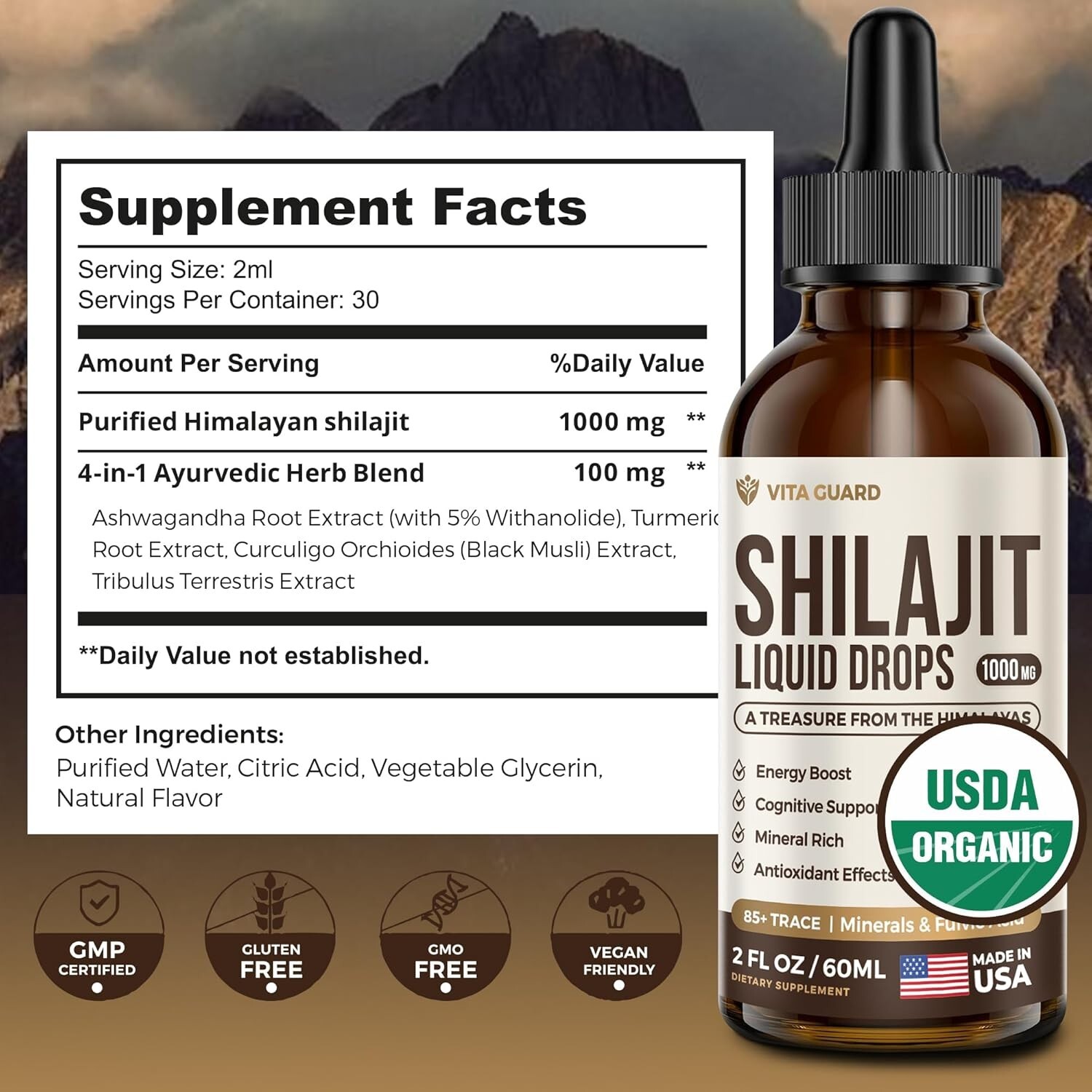 60ML Organic 1000mg Himalayan Shilajit Supplement Extremely Potent,Fulvic Acid