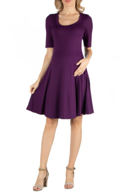 24seven Comfort Apparel Knee Length Elbow Sleeve Maternity Dress Purple Size L