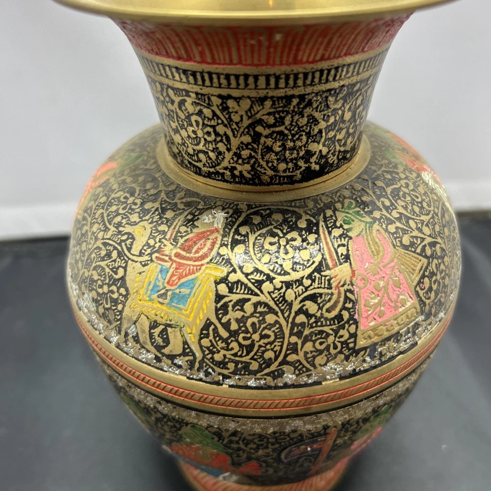 "Florero de latón exótico de 8"" pintado multicolor raro" Foto 3 de 4