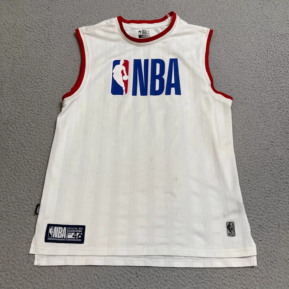 NBA Official Logo Jersey Mens Large White Red Blue Sleeveless Tank Top Shirt