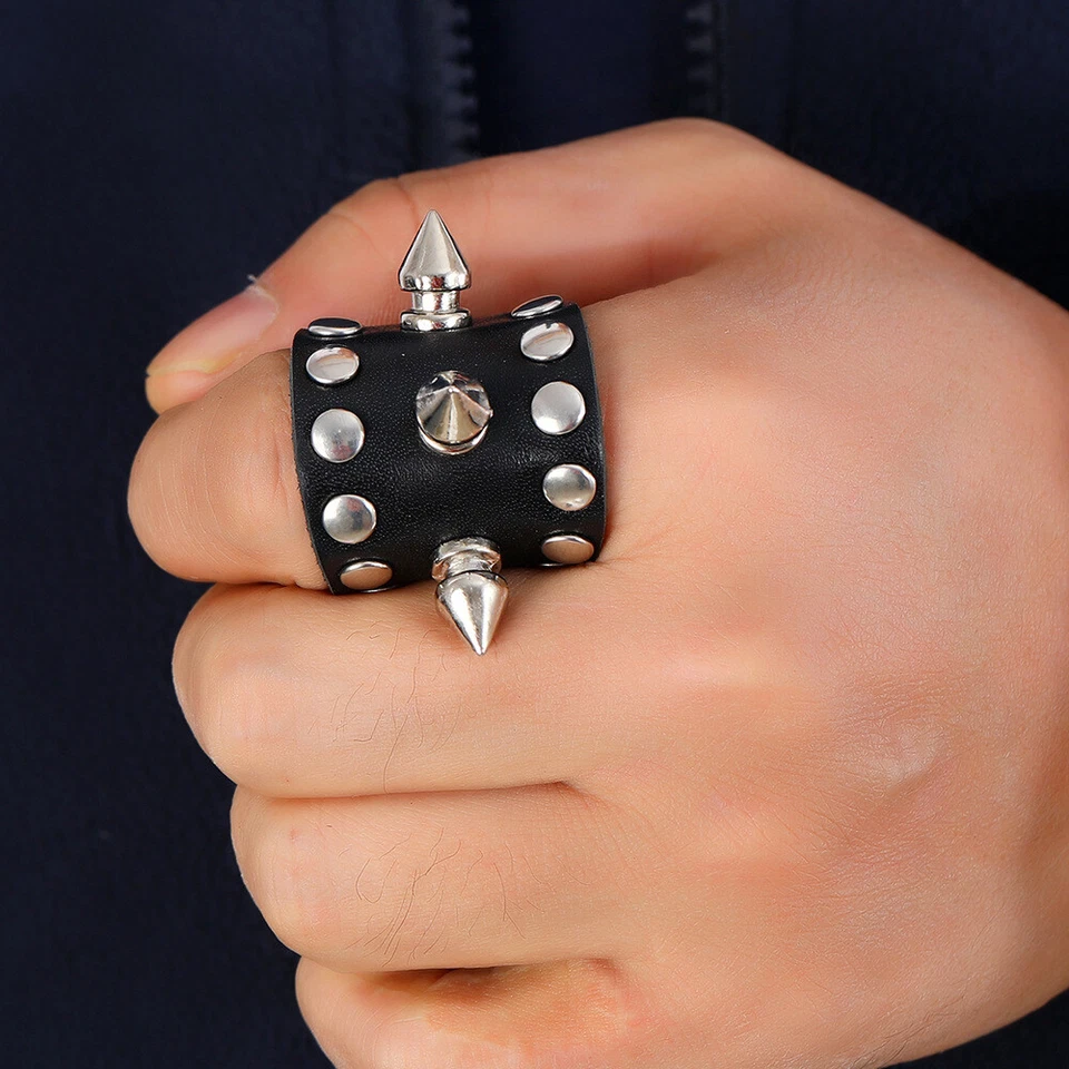 Man Woman Punk Rivet Spike Black Leather Band Ring 3.2cm Wide 9.5cm - Image 2 of 4