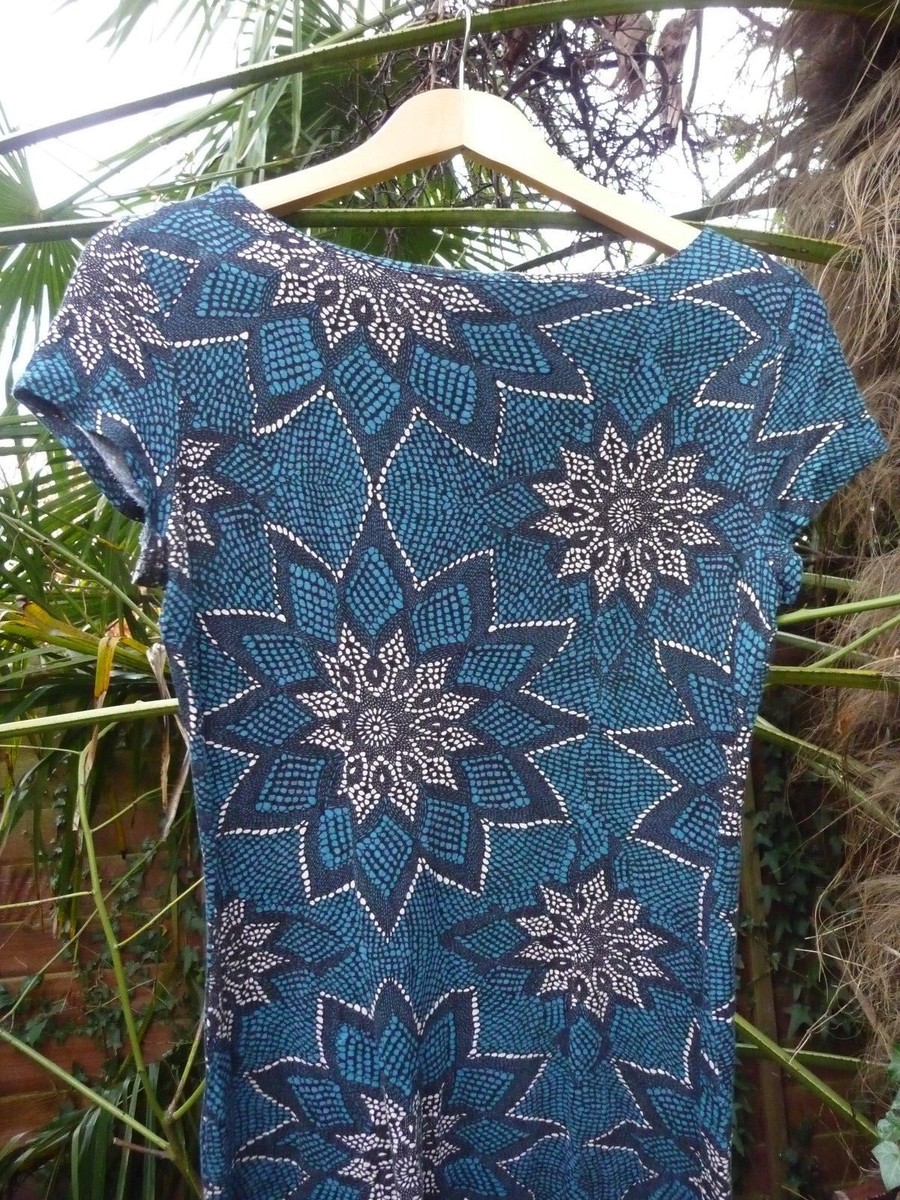 Robe Tunique TU Turquoise Noir Et Blanc Motif Floral/étoiles - Taille 10, Occasion Très Bon état, Viscose