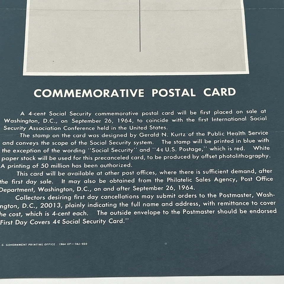 Vintage 1964 4¢ Social Security Commemorative Postal Card FDC Advertising - Image 3 of 4