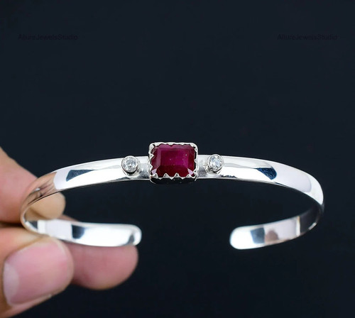 Ruby & Diamond Cuff Bangle Bracelet 14K White Gold Over For Men's 8" Adjustable