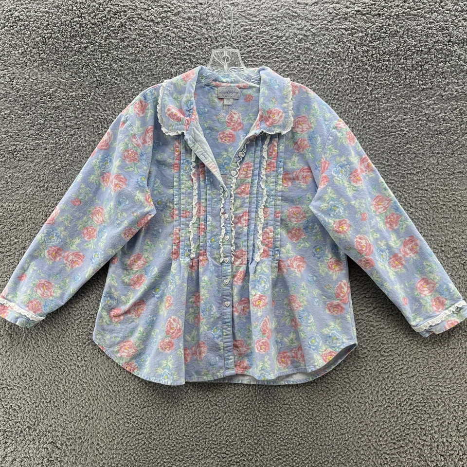 Lanz of Salzburg 睡衣套装女式小号蓝色花卉棉法兰绒 2 件套蕾丝 — 第 2/4 张图片