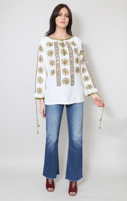 70er Vintage Off White Langarm Grün Handstickerei Hängerchen Bluse Hippie Boho