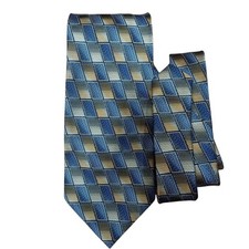 Joseph Feiss Men's Silk Tie Blue Gold Geometric Pattern 57" Long