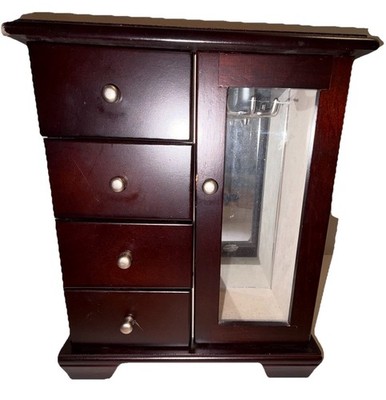 Espresso Wood Jewelry Box Mirror Door 4 Drawers Necklace Hooks 10 - Velvet Lined