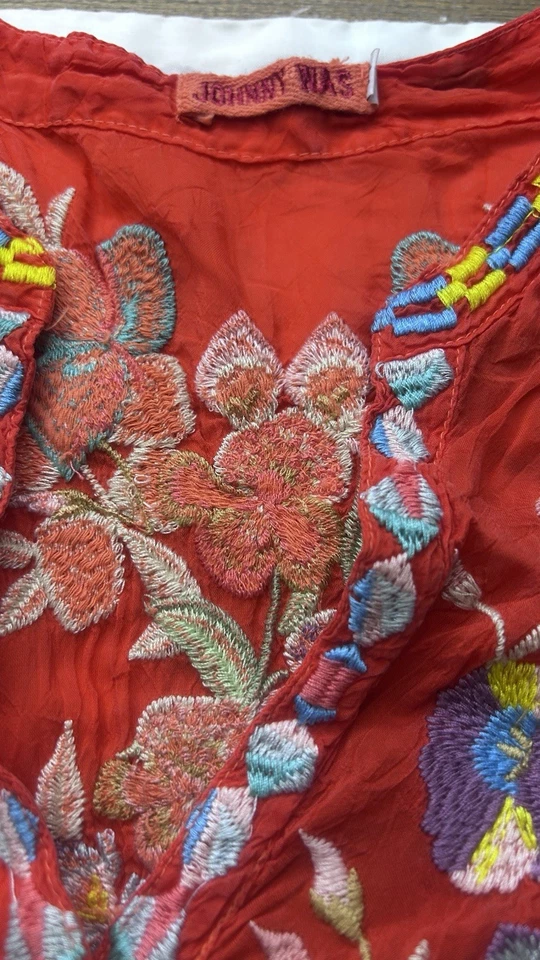 Johnny Was Viola Embroidered Floral Tunic Medium Red Elaborate Embroidery - Image 3 of 4