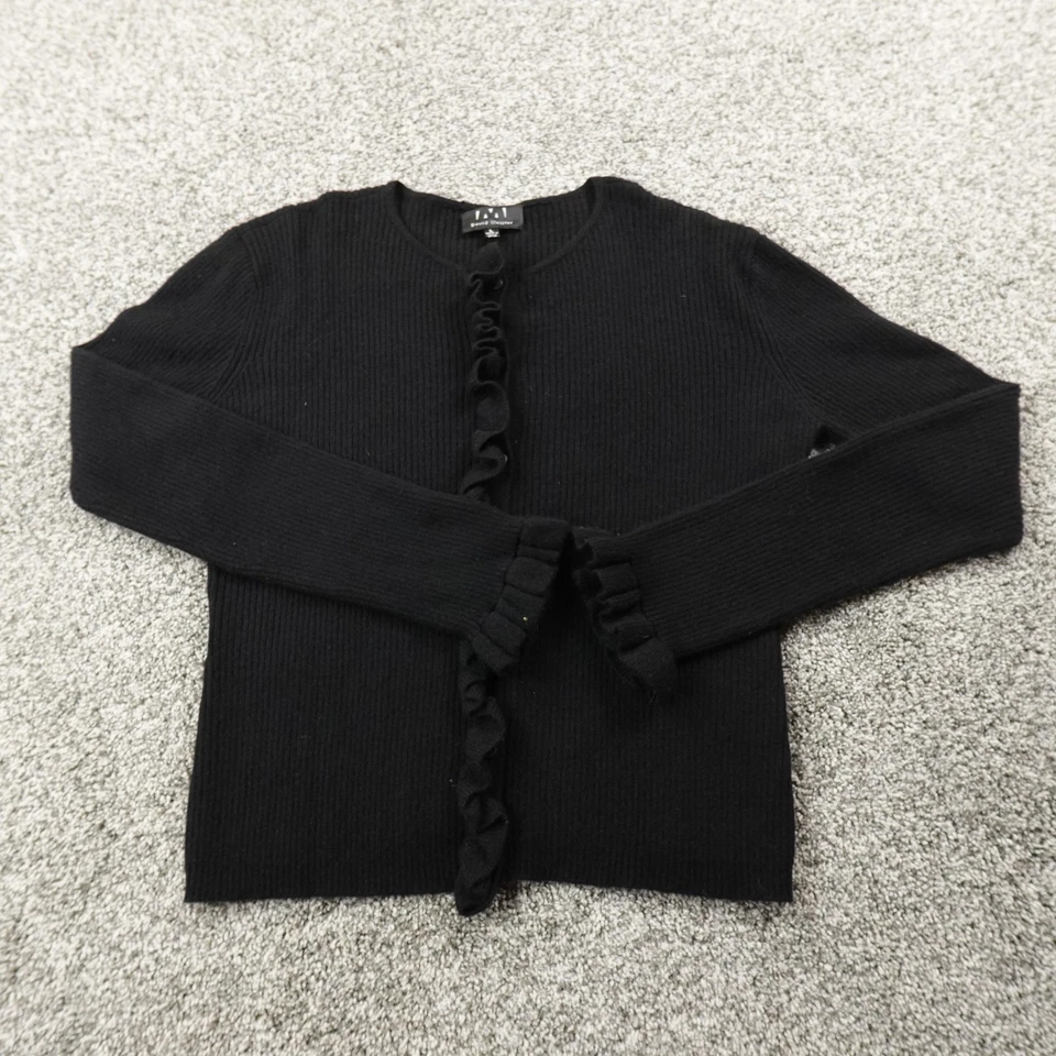 Кашемир свитер женщин L черный кнопка кардиган оборки отделки ребристый вязаный уютный - Изображение 2 из 4