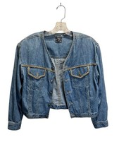 Vintage Lizwear Petite Denim Jacket With Embroidered Pockets Button Front Med