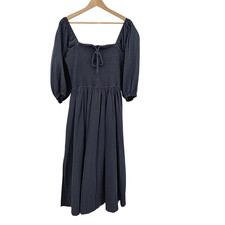 Quince Women 100% Organic Cotton Gauze Smocked Square Neck Midi Dress Blue M