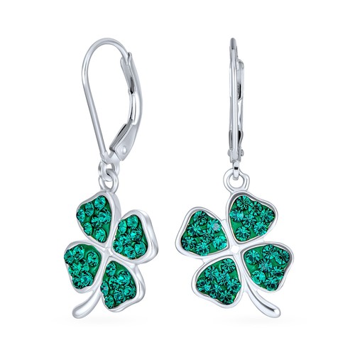 Celtic Irish Good Luck Green Crystal Clover Dangle Earrings in Sterling Silver - Picture 1 of 4