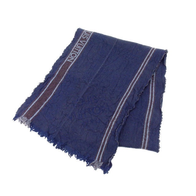 Louis Vuitton Navy Brown Blue Fringed Logoline Scarf Preowned