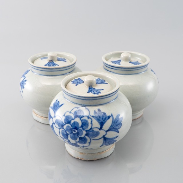 Korean blue and white 'peony' triple jar.