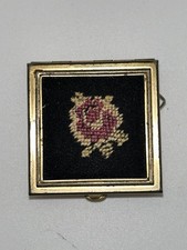 Vintage Red Pink Rose Floral Needlepoint Petit Point Brass Mini Trinket Pill Box