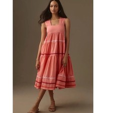 Anthropologie Helena Square Neck Tiered Midi Smocked Scallop Dress NWT!