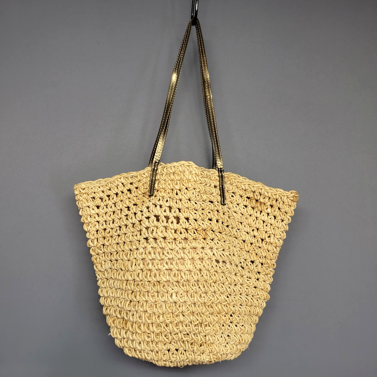 J Crew Straw Tote Bag Womens One Size Natural Woven Leather Trim Beach Purse