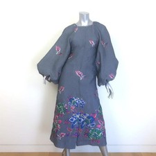 GANNI Balloon Sleeve Open-Back Metallic Jacquard Midi Dress Gray Size 34