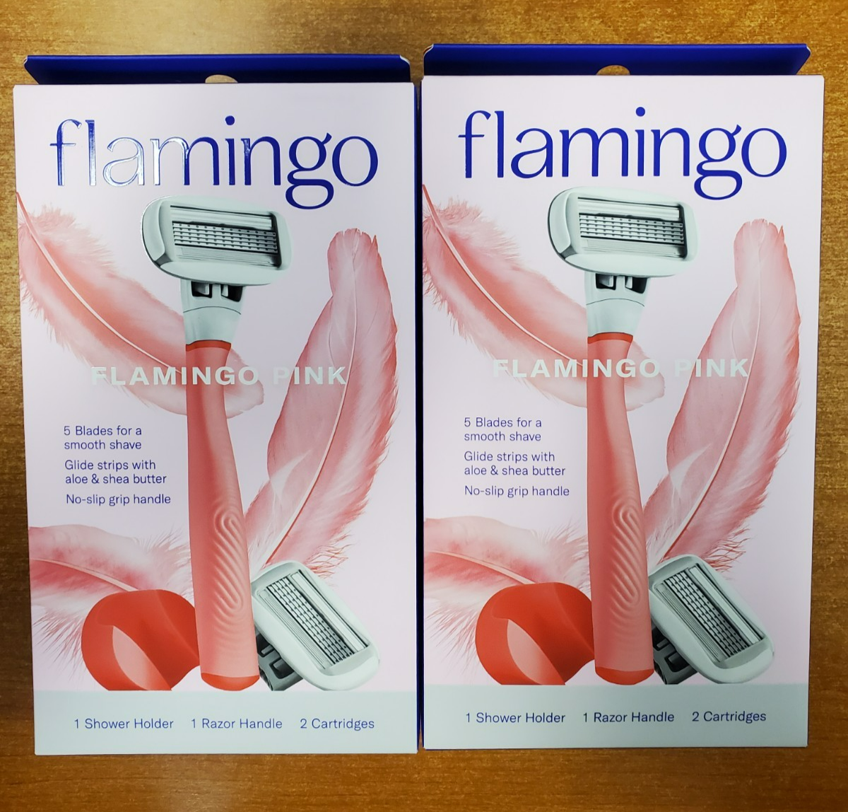 2 Boxes: Flamingo Womens 5 Blade Razor Handle + 2 Refills + Holder