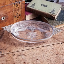 Sterling Silver Mounted Floral Cut Pressed Glass Serving Dish Antique Bham c1876
