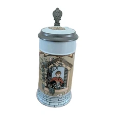 Antique c 1904 Mettlach No. 2833 lidded Beer Stein 1/2 liter~Girl and Song Verse