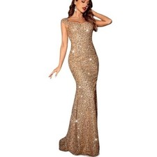 Womens Gold Sequin Formal Evening Dress Mermaid Long Maxi Party Prom Dress, Sz L