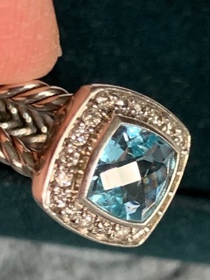 David Yurman 7 mm Petite Albion Ring 925 Größe 7 Blautopas mit Diamanten