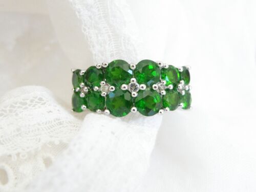 New Sterling Silver 925 Natural Chrome Diopside 2 Row Ring Size 8
