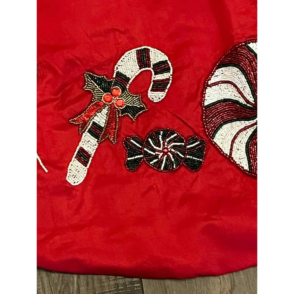 Vickerman Red Christmas Tree Skirt with Candy Cane, Lollipops, Beaded Decoration - Image 2 of 4