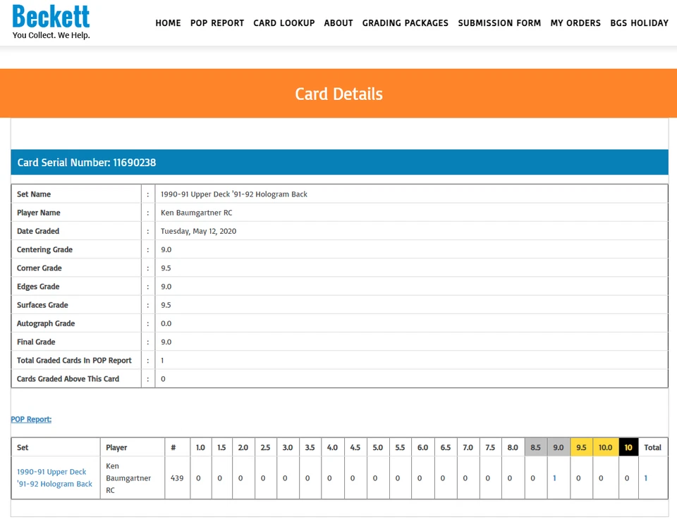 POP 1 Ken Baumgartner RC BGS 9+: 1990-91 UD '91-92 Hologram Back Gisto POP 2 - Image 3 of 4