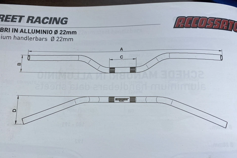 STERZO PIEGA MEDIA ACCOSSATO VARI COLORI MANUBRIO MOTO 22mm ACCOSSATO RACING - Immagine 2 di 3