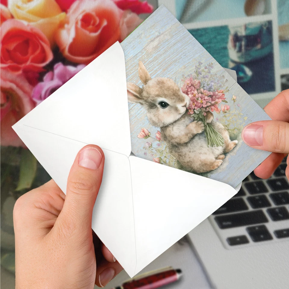 Tarjeta de papel de Pascua con sobre - Conejitos con flores - Rosa Foto 4 de 4