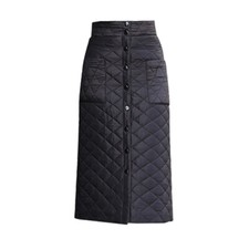 Damen Gesteppt Gefüttert Rock Mittellang Bodycon Taschen Schnalle Winter Schwarz