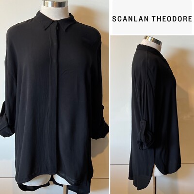 SCANLAN THEODORE $280 Black Viscose/Cotton Crepe, Tab Sleeve Shirt 10AUST-UK/6US