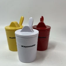 Condiment Holders W/lids & Spoons Set Of 3 Ketchup, Mustard & Mayonnaise